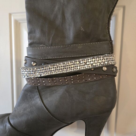 Vanity Gray Studded Rhinestone Knee High Boots Heeled Size 8.5 Alla VT - Picture 10 of 15